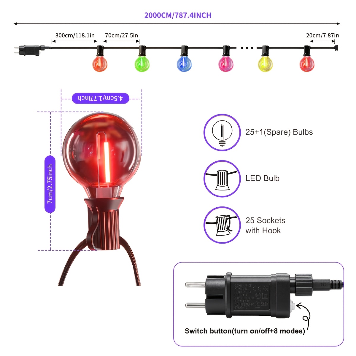 Image of Multicolor Christmas String Lights Outdoor, 25/50/80 Bulbs | Hanging Patio Lights Ip44, Christmas Decorations Lights For Backyard Porch Garden Bistro Party