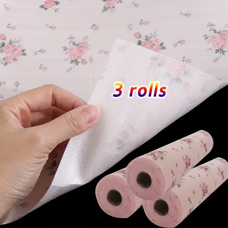 TEMU 3rolls Light Pink Moisture-proof Drawer Liners, For Kitchen Cabinets, Drawers, And Bathroom Storage, , Pink With White Rose Pattern, 200 Cm Long