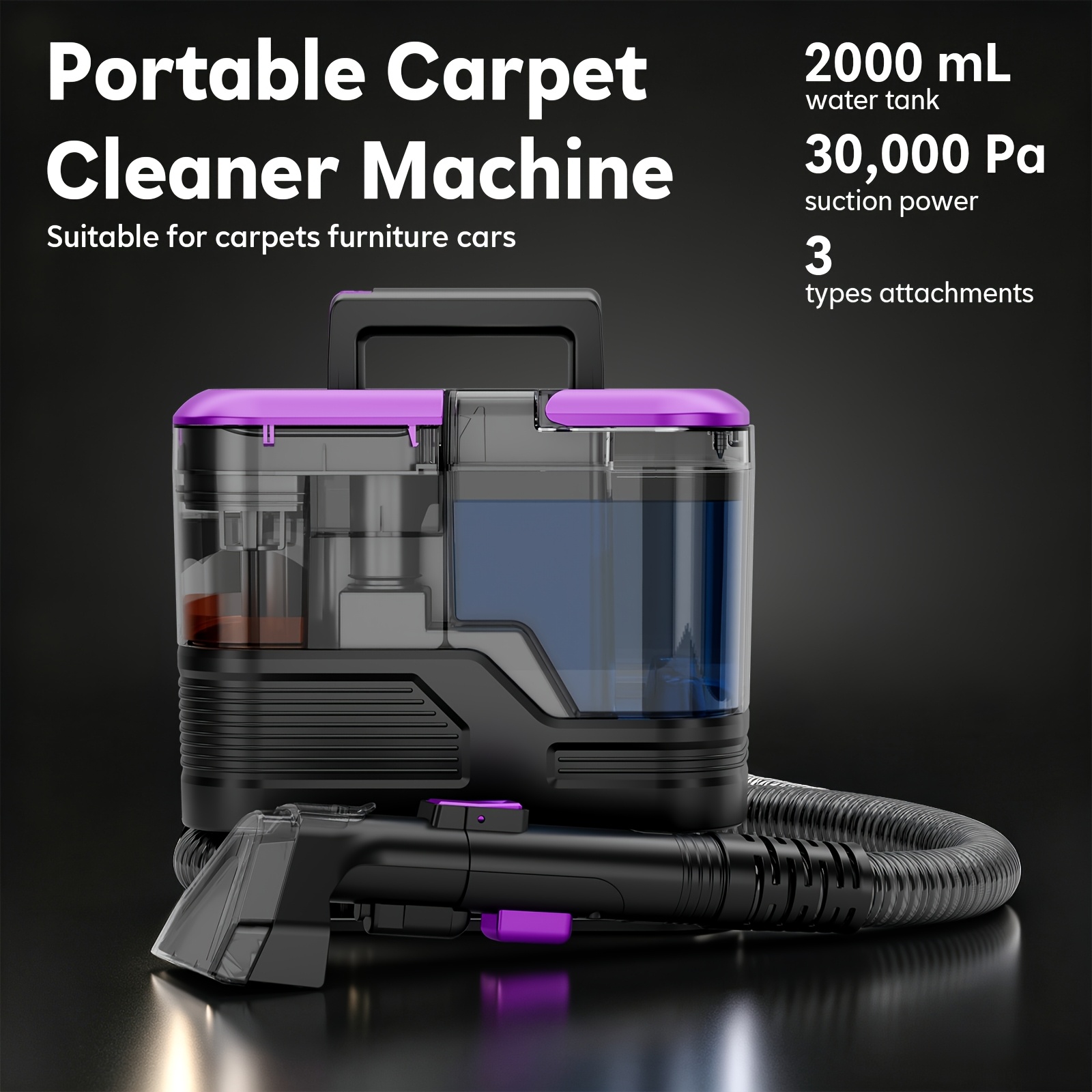 TEMU Nettoyeur à aspiration puissante 30000 Pa, nettoyeur de tapis polyvalent, nettoyeur de tapis laveur et aspirateur, à double réservoir d'eau