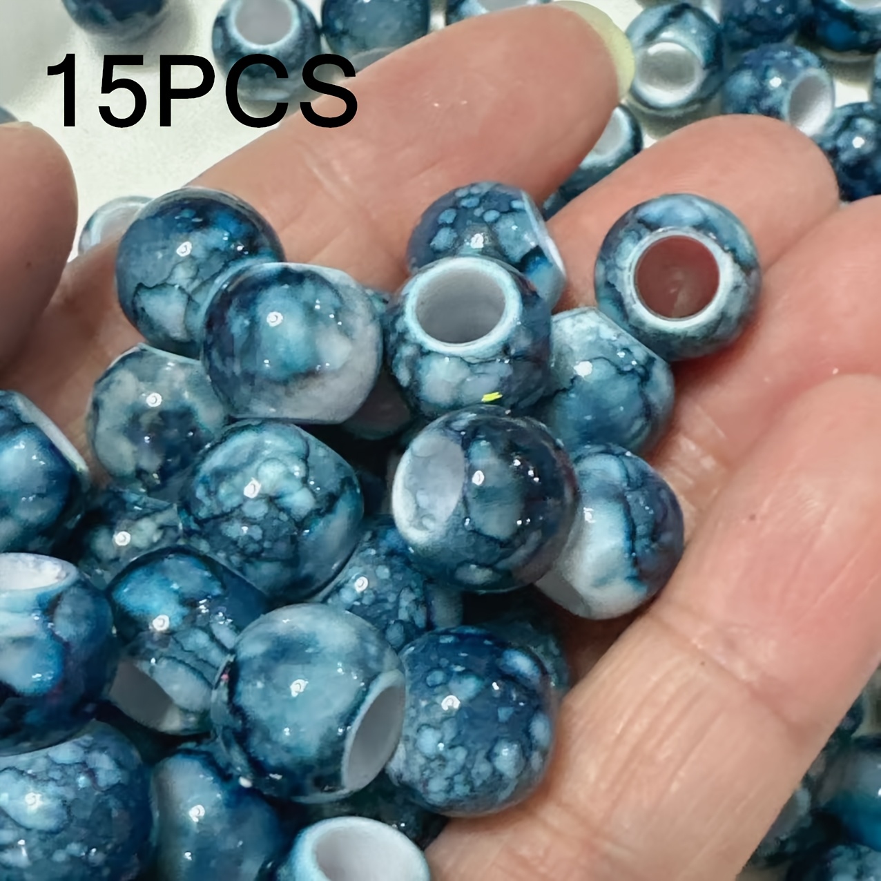 TEMU 15pcs 12mm Bohemian Blue And White Large Hole Beads For Vintage Diy Handmade Bracelets, Necklaces, Earrings, Clothing, Crafts, And Accessories -