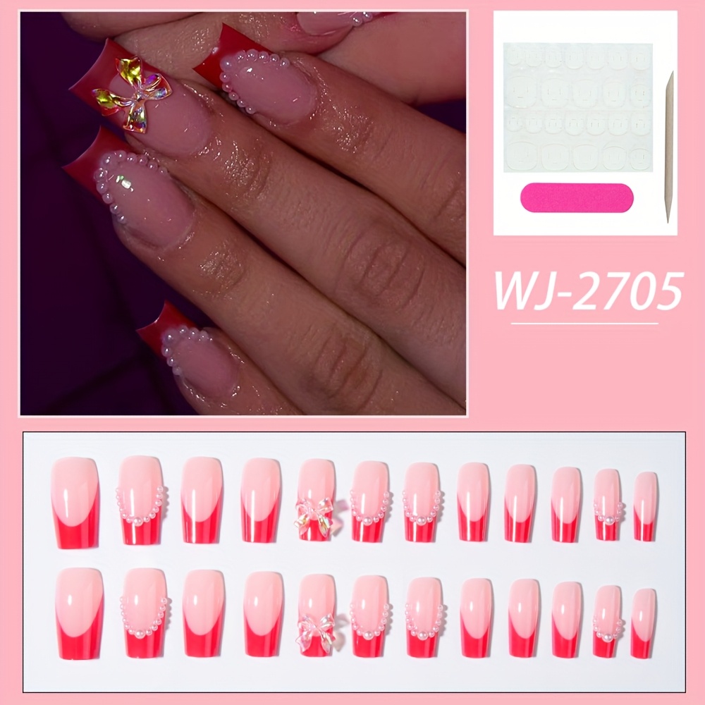 24 Fake Nägel – Kurzes French-Design – Rosa Gradient – Wiederverwendbare Nagelaufkleber Für Frauen