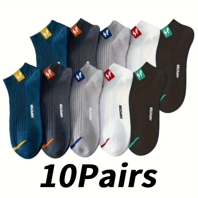 Image of 5/ 10 Pairs Men's Letter Breathable Short Socks, Fashionable And Comfortable Low Sports Anti Slip Neutral Ankle Socks