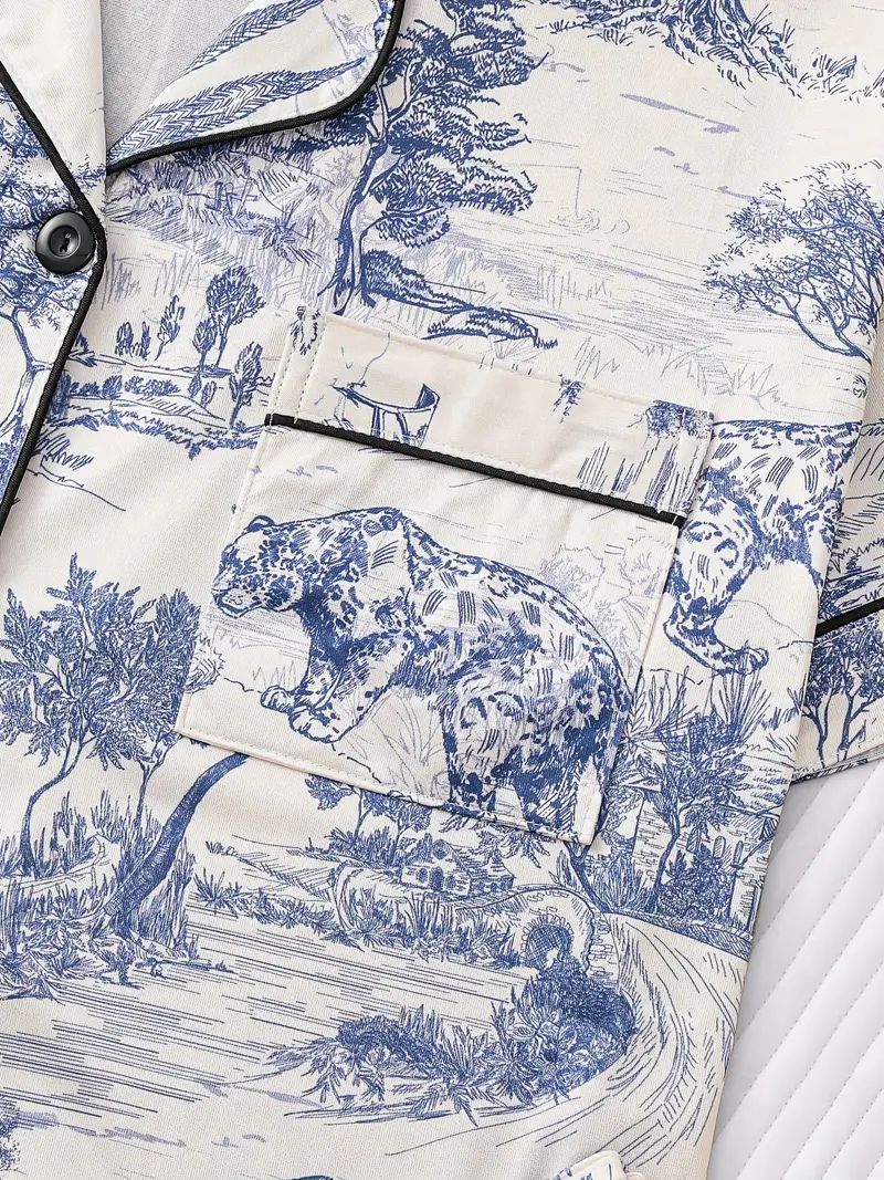 elegant womens sleepwear set pieces featuring full body printed patterns knitted fabric long sleeved button up top with long pants for comfortable wearing collar and pocket details suitable for womens adult sleepwear set Product details 3