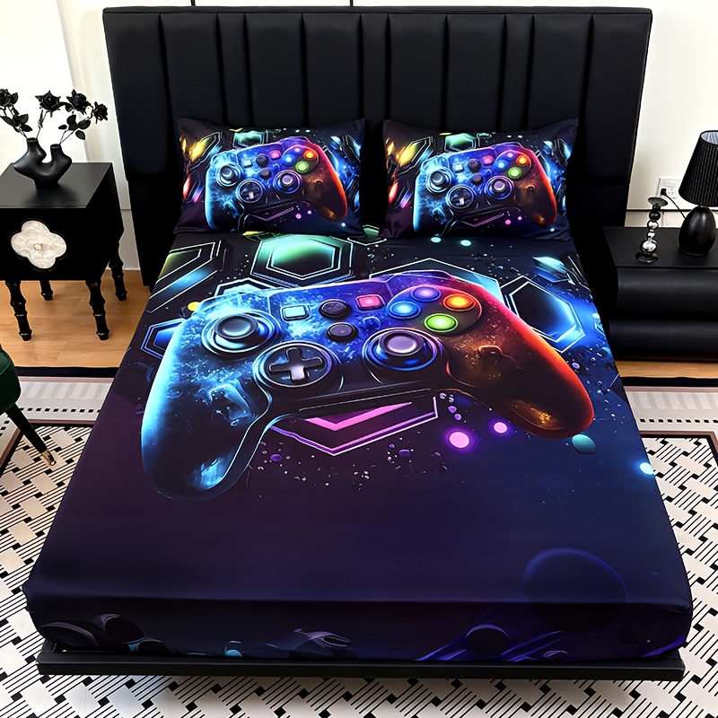 TEMU 3pcs Gamepad Bed Sheet Deep Pocket In 15 Inch(1pc Bed Sheet+2pcs Pillowcase No Filling), Mattress Protector Bedroom Dormitory High Definition