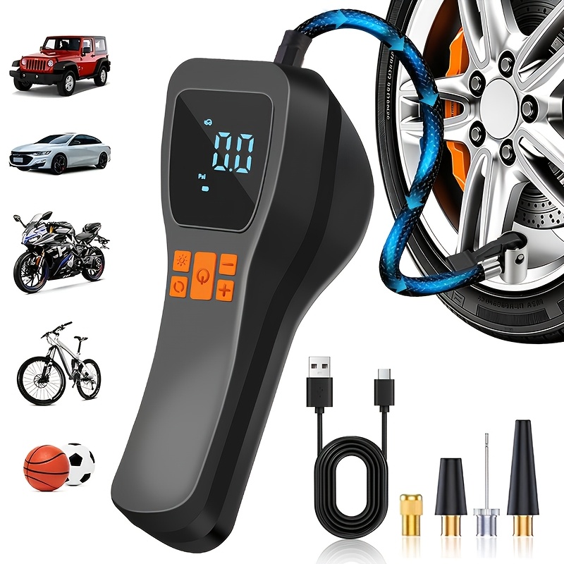 Portable Cordless Tire Inflator with Digital Gauge & LED Light, USB- Rechargeable Fast Air Compressor Suitable for Cars, Bikes, Motorcycles, Sports Equipment, USB- Air Pump for Car Tires, Tires, Emergency Inflation Device