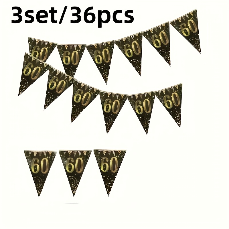 Image of 3 Sets/36pcs 60s Party Pennant Banner Decorations - Black And Flags, Perfect For 60th Anniversary Or Wedding Celebrations, Indoor/outdoor Use, Party Decorations