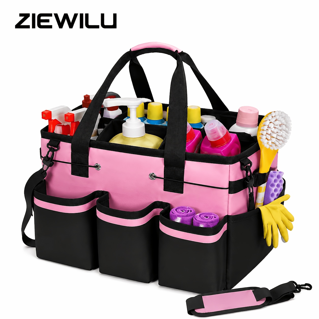 TEMU Large Cleaning Storage Bag With Complimentary Cleaning Gloves. Built-in Sturdy Support Board, Cleaning Organizer Bag With Removable Dividers,