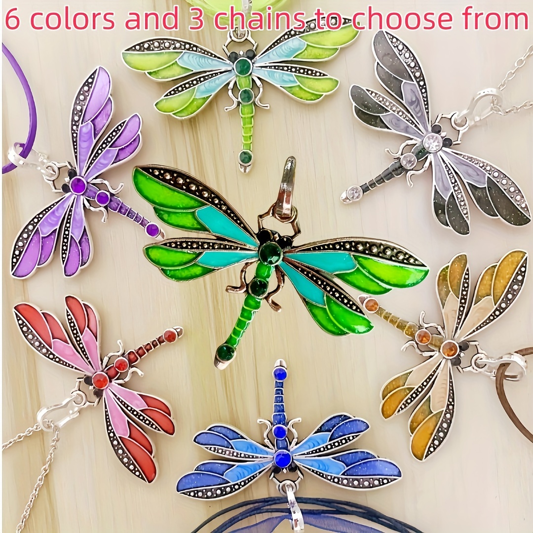 

6pcs Set Of Antique Dragonfly Pendant Necklace Leather Cord Ribbon Chain Jewelry Oil-drip Painting Men's And Women's Pendant Christmas Day Father's Day Easter New Year Birthday Gift