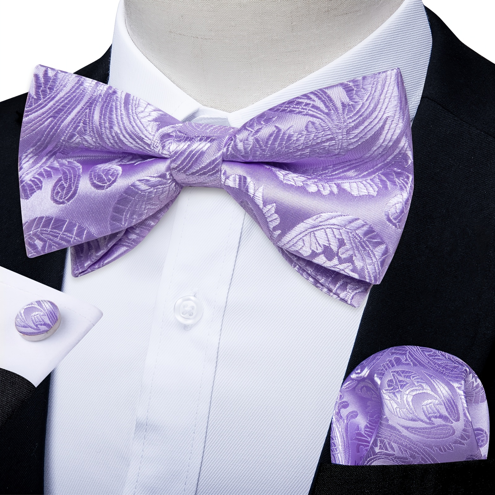 Image of Gentle Pre-tied Lilac Paisley Bow Tie Set, Complete With Pocket Square & Cufflinks, Romantic Accessory For Bridal Events, Spring Weddings & Gifting