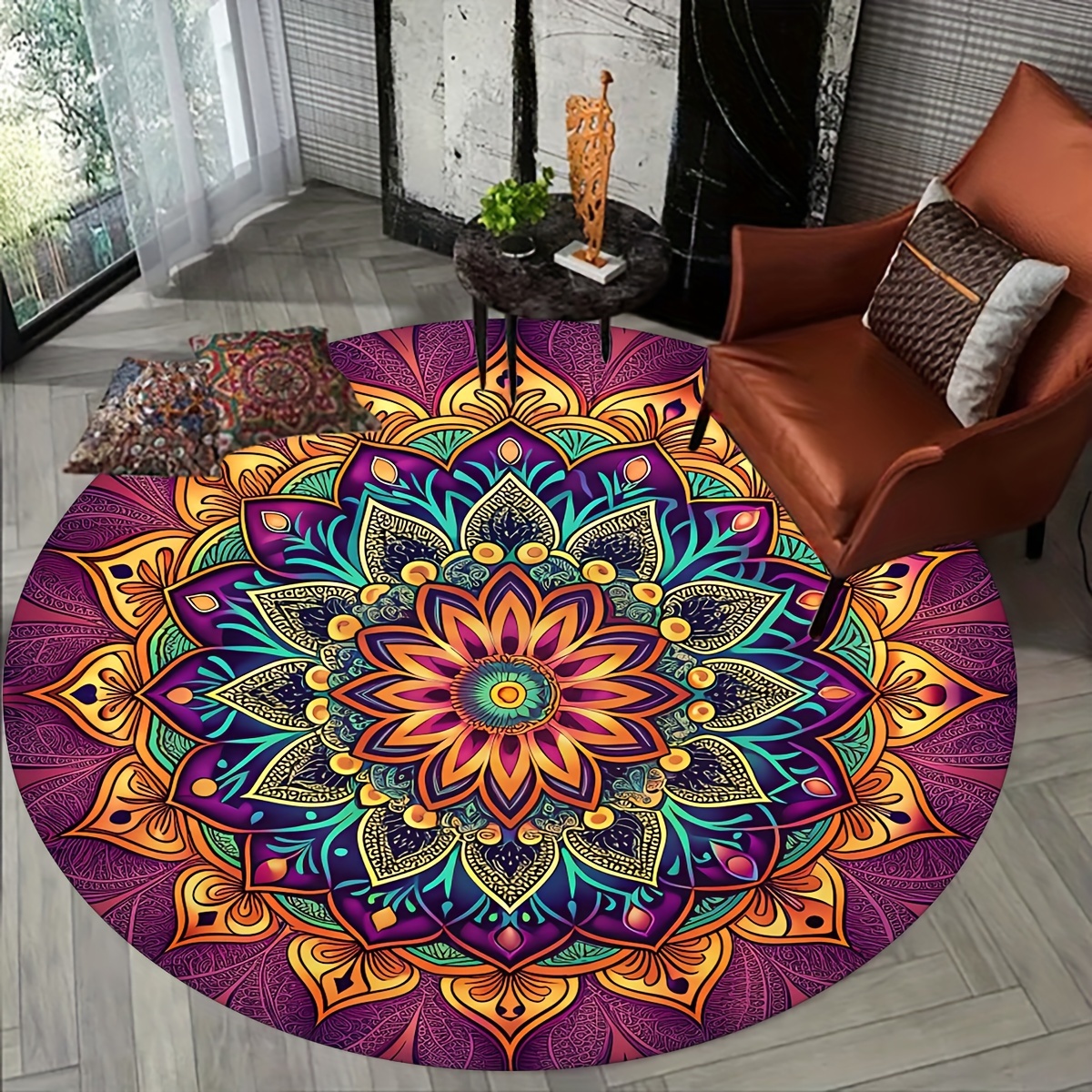 

1pc Mandala Flower Round Mat, 1cm , Anti-slip Bath Rug, Polyester, , Fade-resistant, Woven, Flannel Material, Home & Kitchen Decor