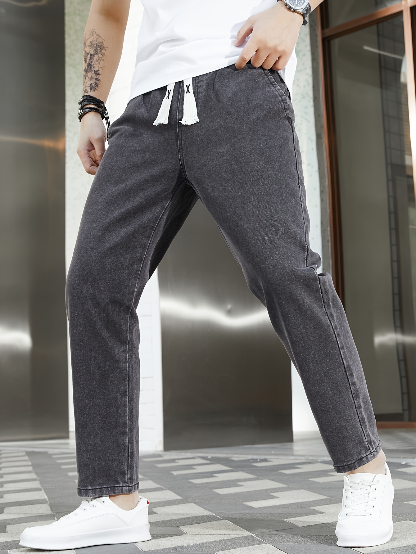 Men's Washed Denim Pants, Spring/Autumn Fashion Brand Loose Straight-Leg Elastic Waist Drawstring Versatile Japanese Style Casual Cropped Pants, Geng Yuanshi