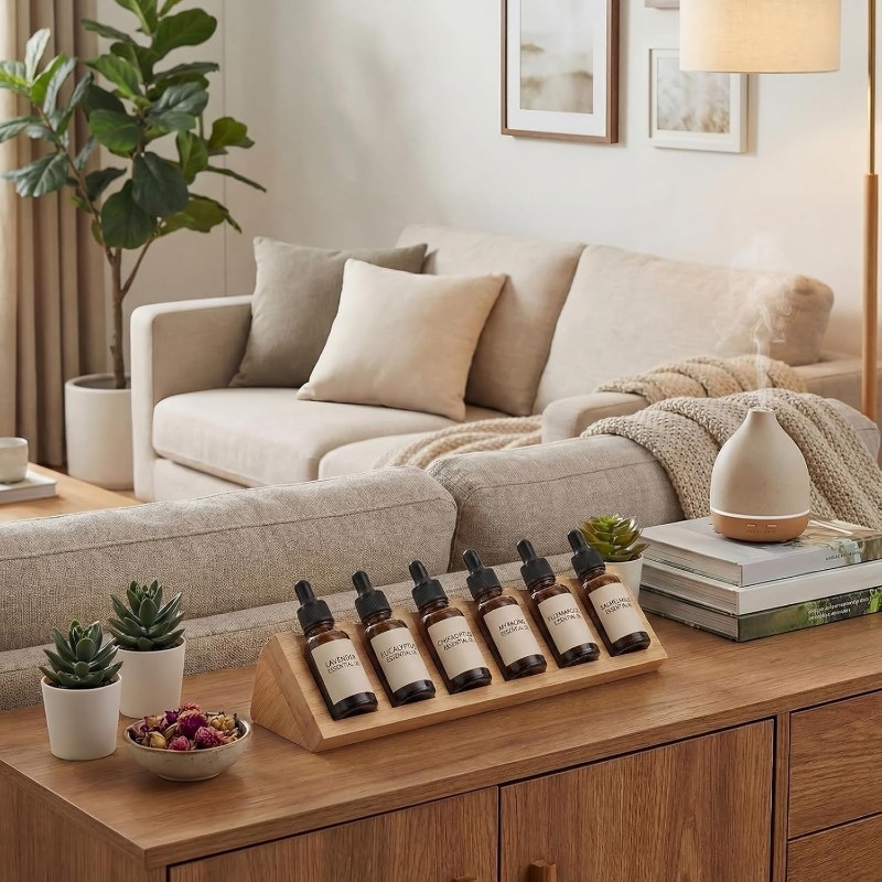 TEMU Présentoir à parfum et huiles essentielles en bois à 6 compartiments avec tiroir, idéal pour surfaces de bureau, étagère de rangement pour salle