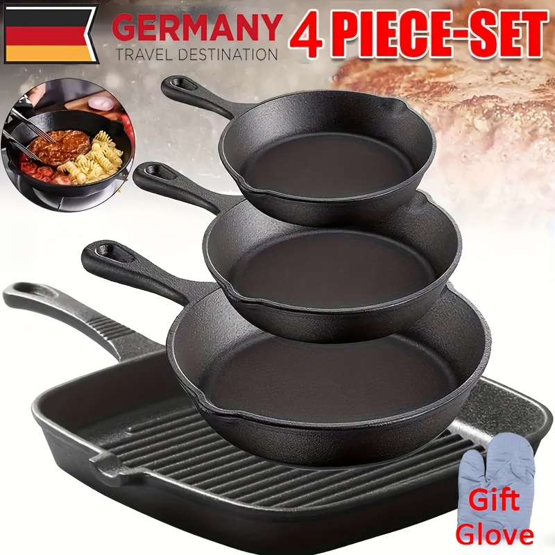 4pcs Set Cast Iron Pot Large Steak Frying Pan - Resistant Coating & Easy- - Triple-layer For Heat Control - Perfect For Home