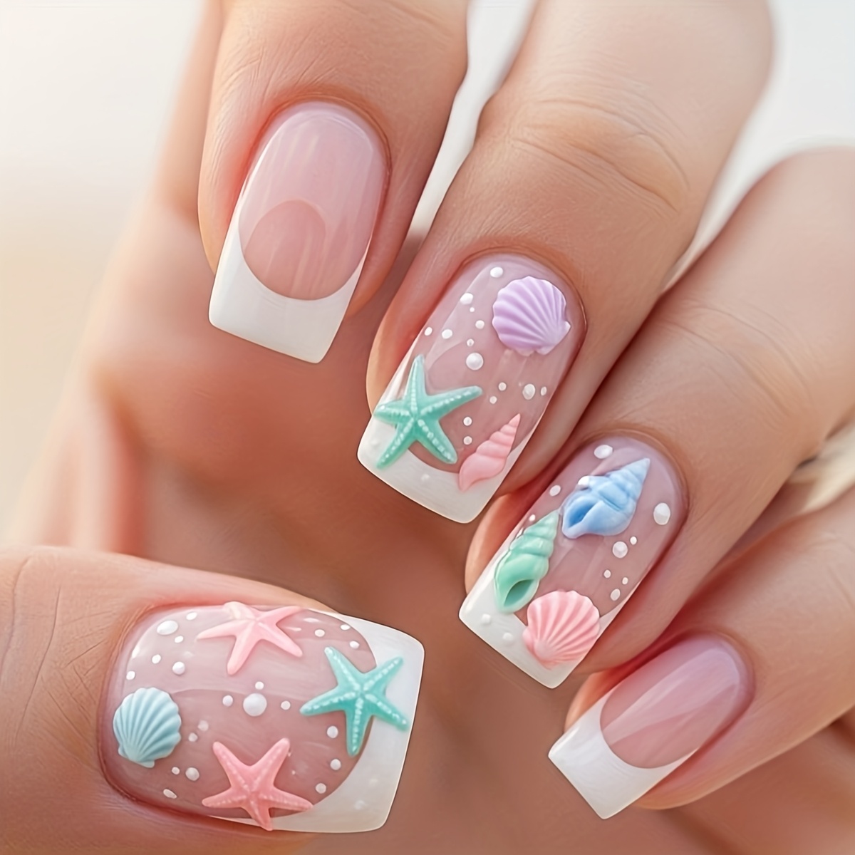24pcs Square Style Pieces, Nail Stickers, Patterns Of Shells, Starfish, And Pearl Embellishments, With Jelly Glue And Rubbing Strips Included