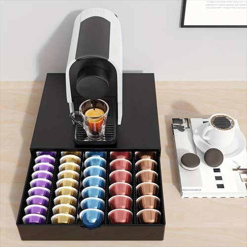 organizador de cápsulas de café de una sola con cajón, diseñado para almacenamiento en encimeras de de café de cocina, manteniendo las cápsulas organizadas para amantes del café en el hogar