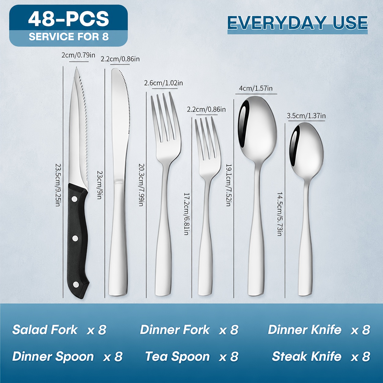 TEMU 48pcs Black Silverware Set With Steak Knives Service For 8, Stainless Steel Flatware Set, Mirror Polished , Home Kitchen Party Eating Tableware
