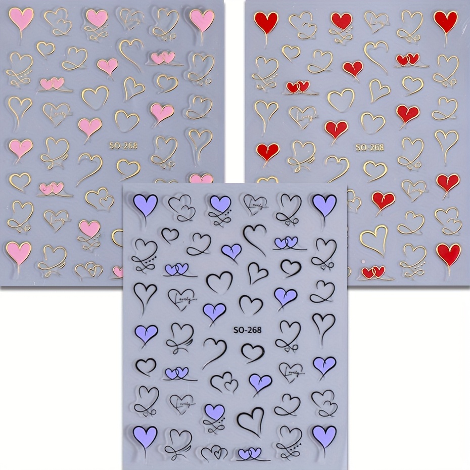 3pcs Valentine's Day Heart Nail Stickers - Heart Cutout Nail Art - Arrow Through Heart, Nail Decals - Easy To Apply - So-268 Pink