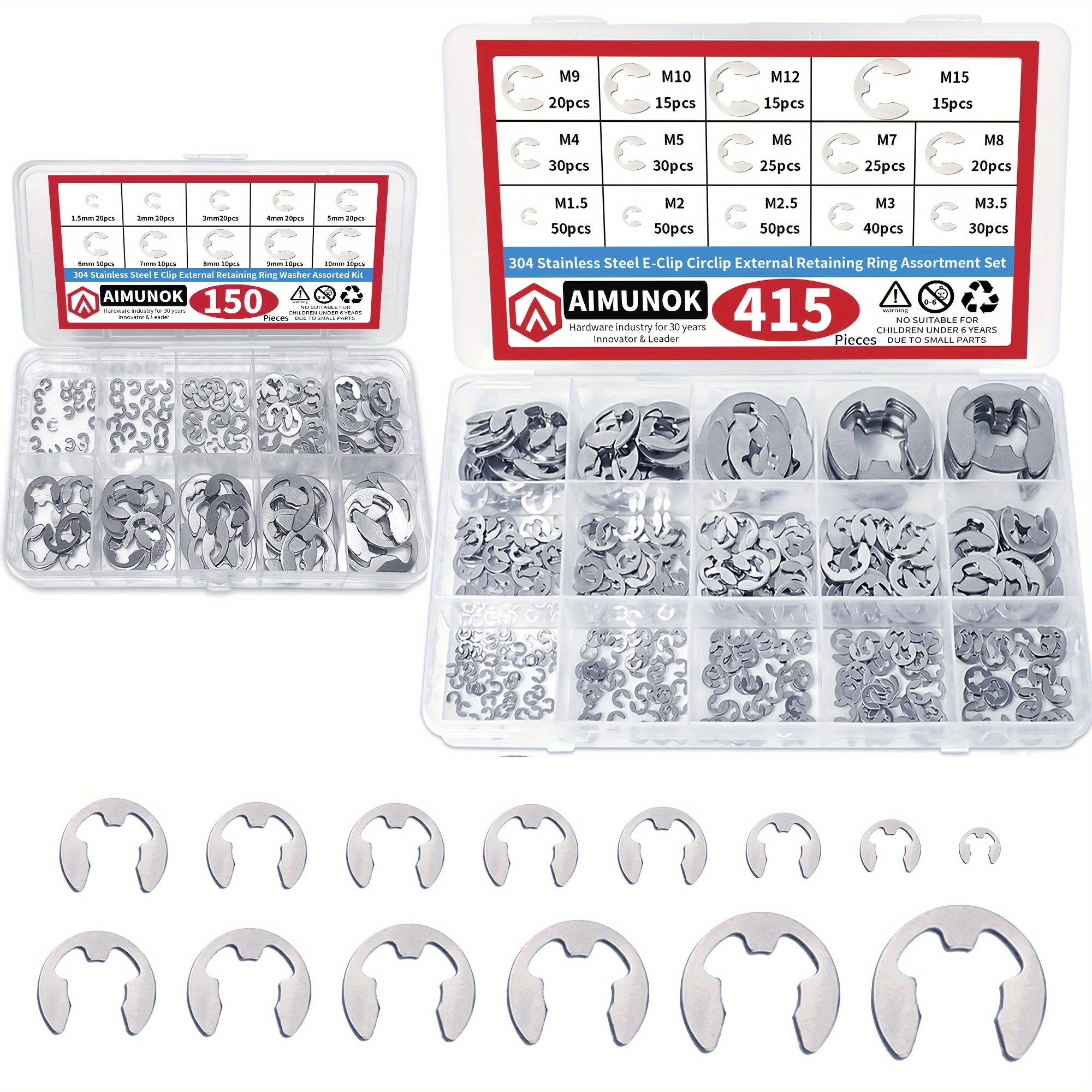 

150/415pcs External Retaining Rings Snap Rings Assortment Set, 304 Stainless Steel Kit, 14 Sae Sizes Circlip Snap Rings M1.5- M15