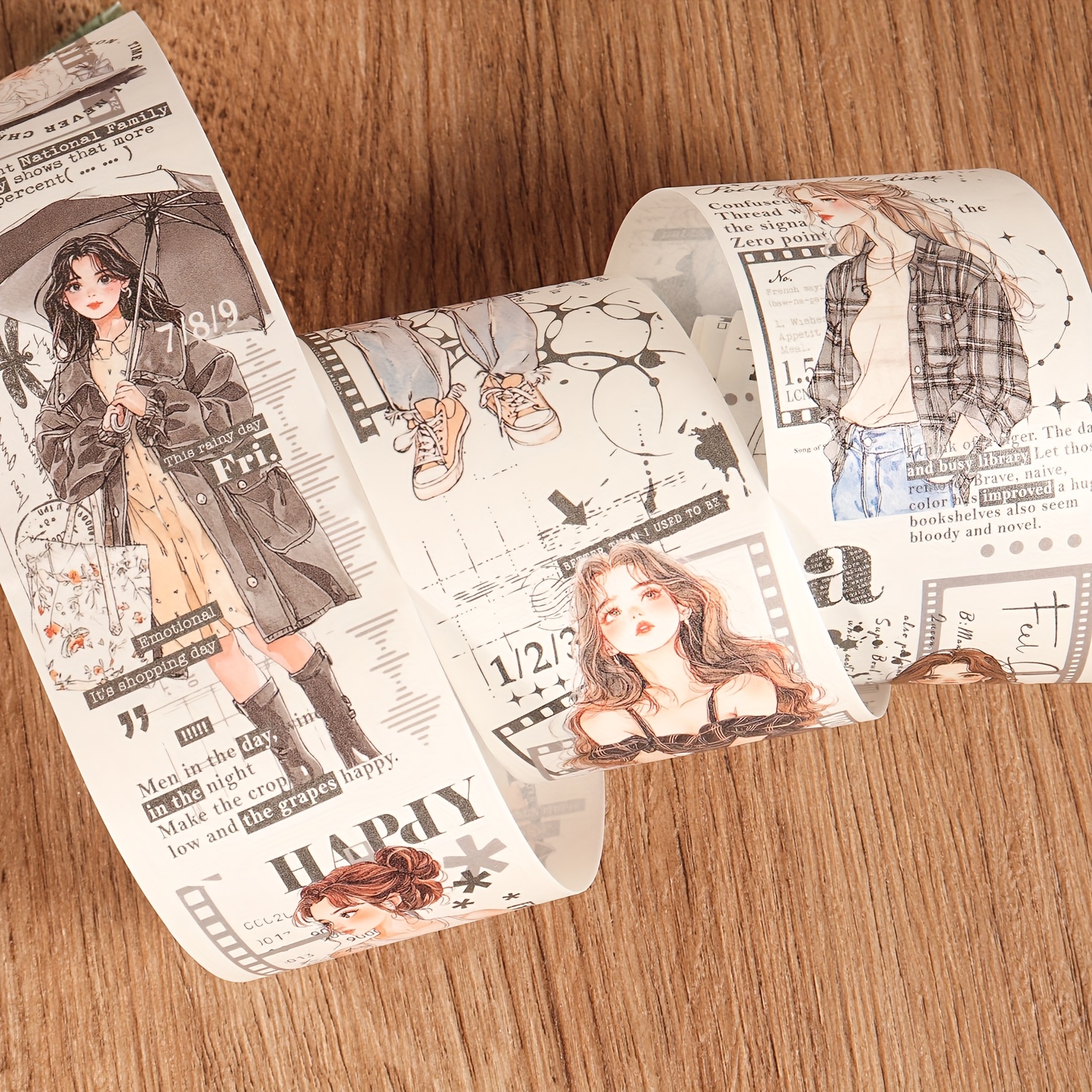 TEMU 1roll Washi Tape With Vintage Character Outfit | Self-adhesive, Non-water Resistant, Paper Material, Ideal For Junk Journals, Scrapbooking, Card