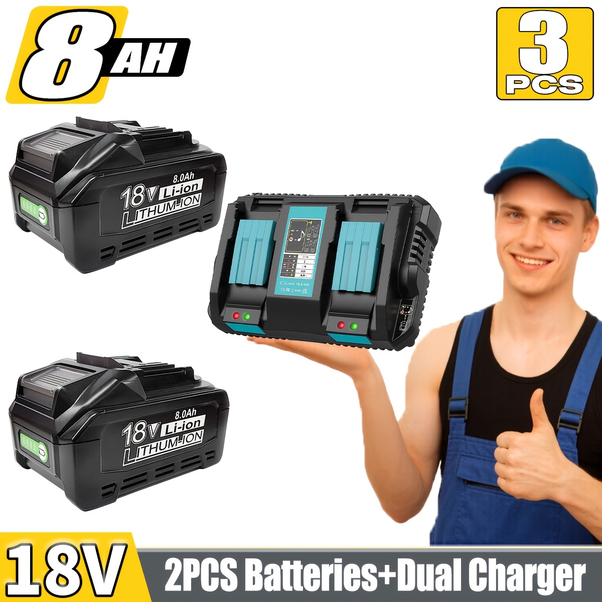 Image of For Makita 2pack 8.0ah Replacement Battery 18v Bl1860b + Dual Port 6a Charger For Dc18rd Compatible With 18v Battery Bl1860 Bl1860b Bl1850b Bl1850 Bl1840b Bl1830b