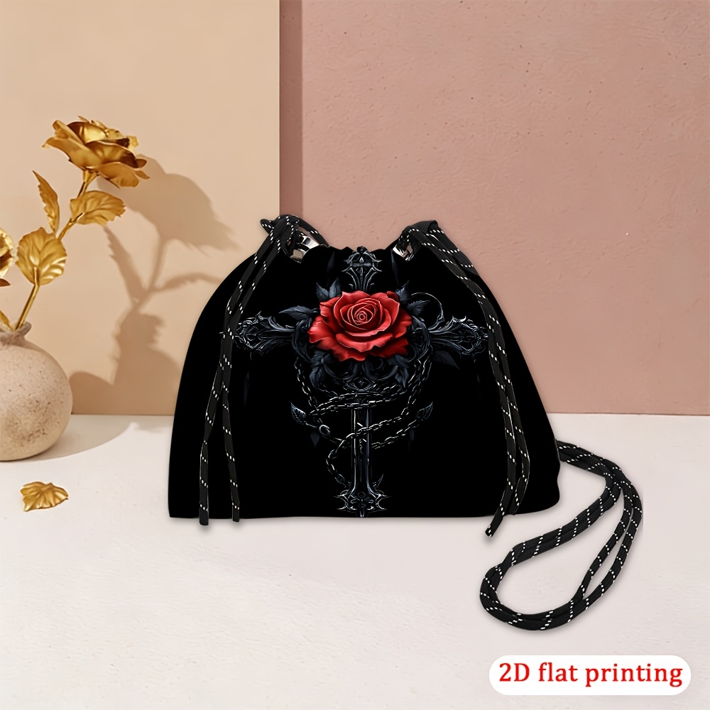 TEMU 2D Platte Print 1pc Rode Roos Gotische Kruis Ketting Gedrukt Ontwerp - Non-Textured Trekkoord Crossbody Tas voor Vrouwen, Levendige Patronen,