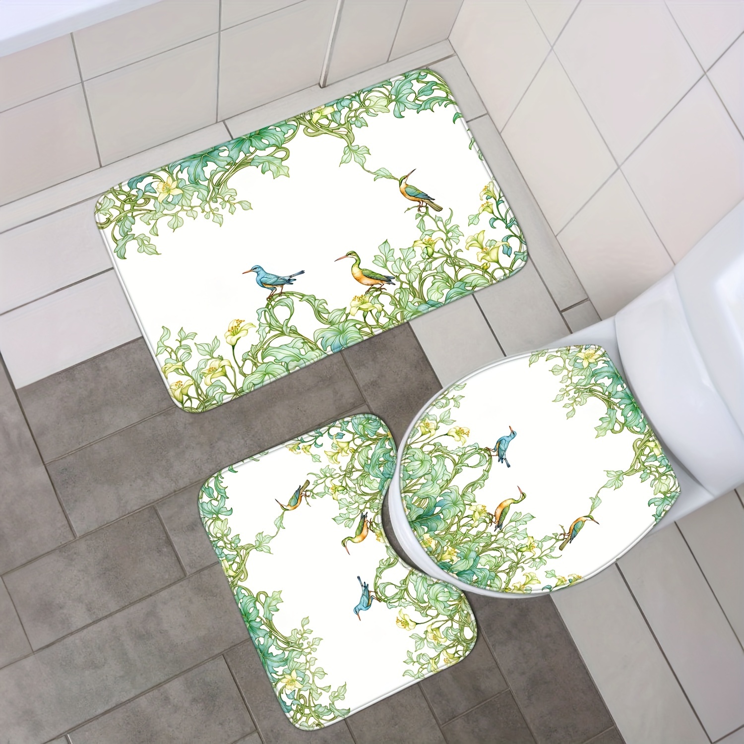 VODRM Badezimmer-Set 4-teilig Mit Vogel-Motiv - Inkl. Duschvorhang, Badematte, WC-Bezug & Teppich