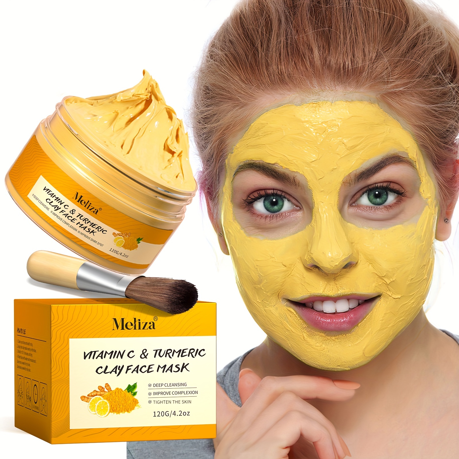 

120g Vitamin C & Turmeric Clay Face Mask, Kaolin &calendula Infused With Honey, Rejuvenating & Exfoliating, Deep Pore Cleansing, Hydrating Facial Skin Care