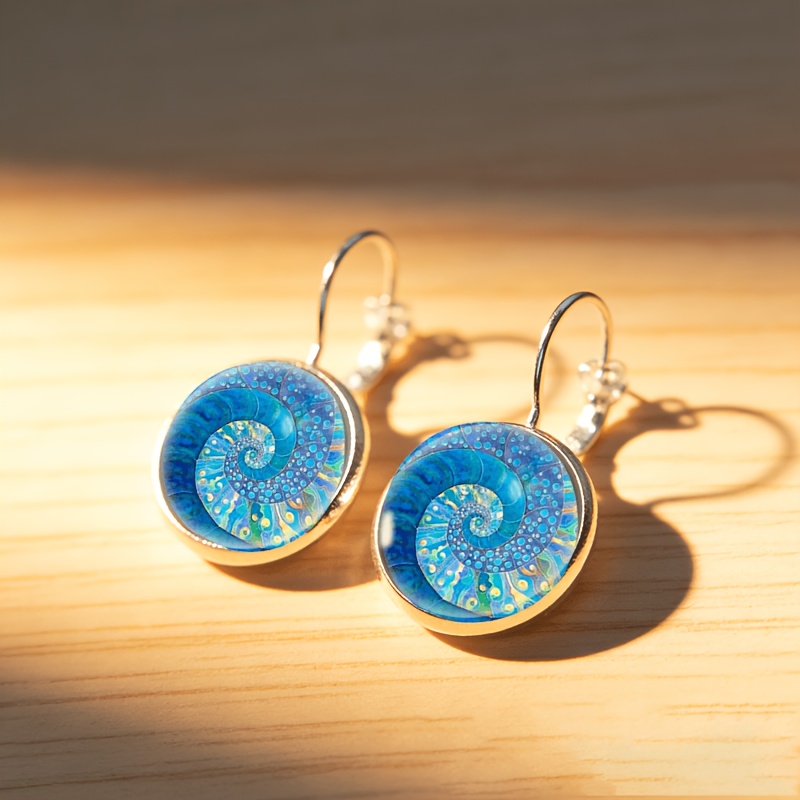 2pc White French-style Ear Hook Earrings Set, Blue Spiral Design