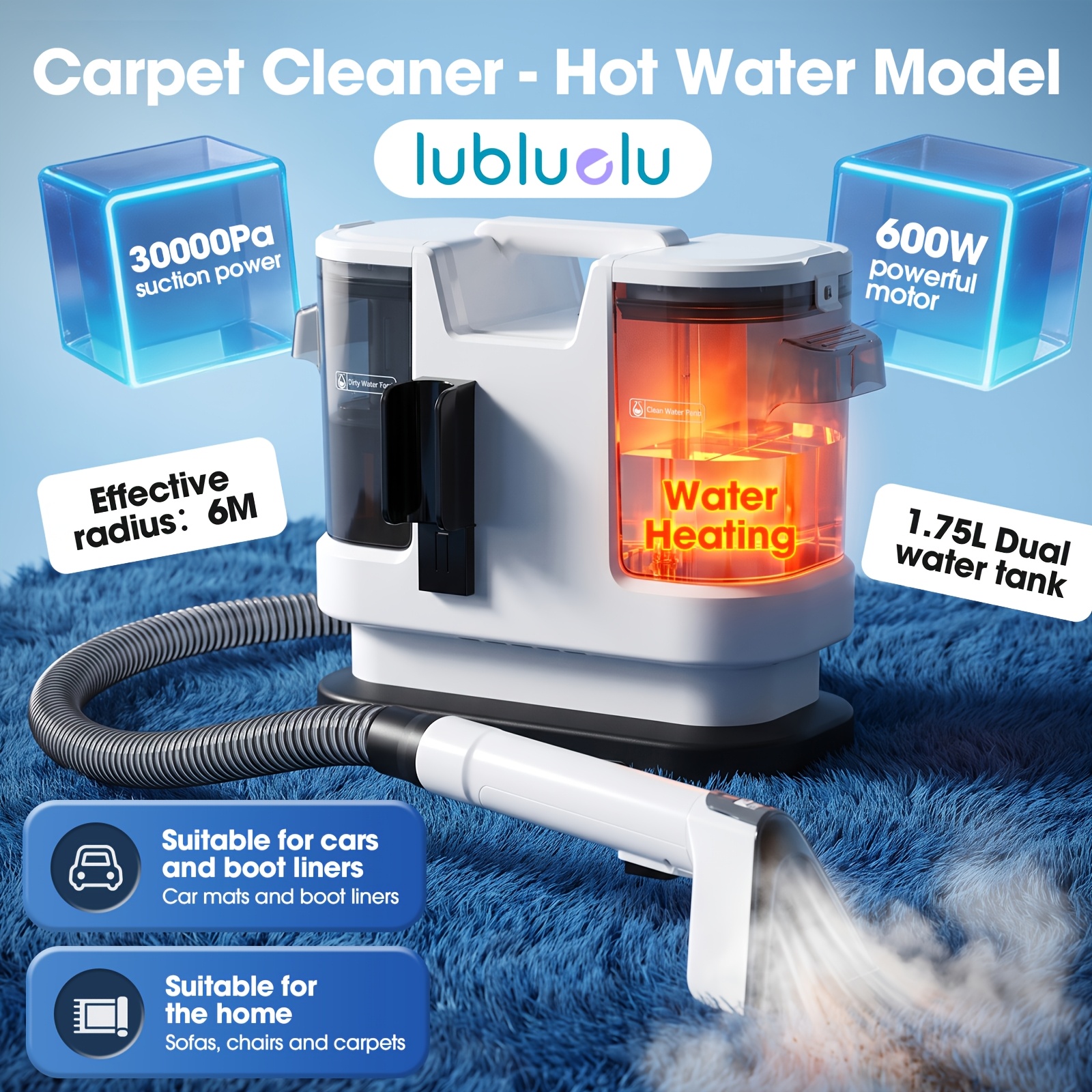 TEMU Lubluelu Portable Carpet Cleaner Machine, 600w Motor, 30kpa Powerful Suction Upholstery Spot Cleaner With 60°c Heating, 1.75l Dual Water Tank,