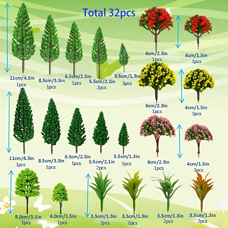 32pcs Model Trees 1.3-4.3inch Mixed Diorama Model Tree Colourful Flower Trees Grass Architecture For Crafts Building Model Railway Scenery Landscape Supplies