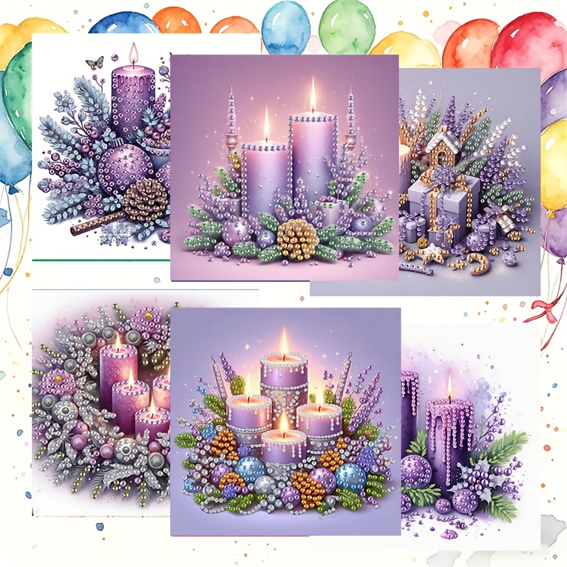 TEMU 6pcs Set Of Unique New Diamond Painting Greeting Cards, Christmas Purple Candle Atmosphere Pattern Cards, Birthday Holiday Greeting Cards, Adult