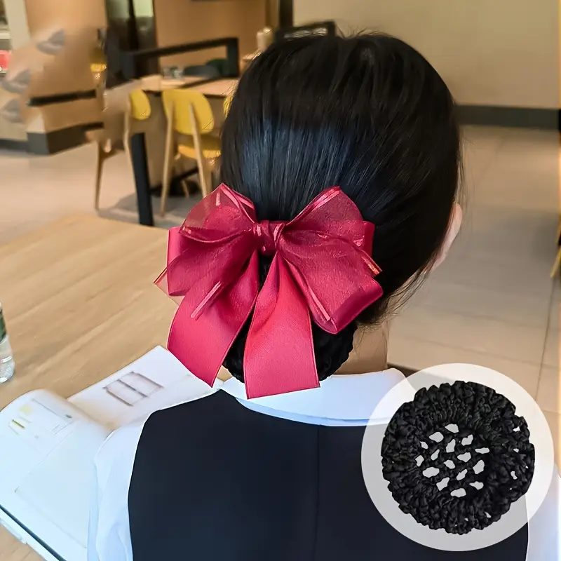 1pc elegant ribbon bow chic professional hair accessory nurse hotel staff hair clip with net cute knot work hairpin Product details 16