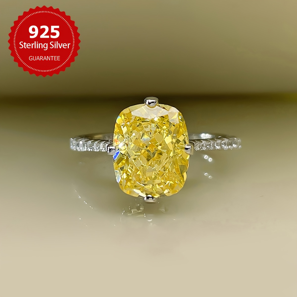 S925 Silver Lemon Yellow Square Ring, High-End Gift