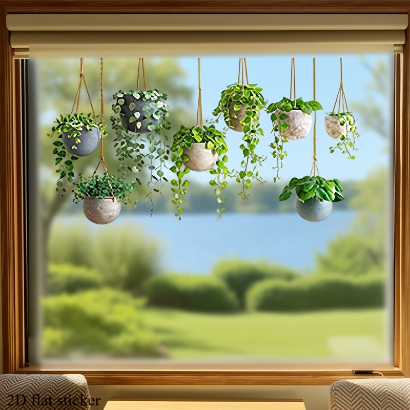 TEMU 2d Flat - Nordic Style Hanging Green Plant Potted Plant Combination 2d Flat Glass Sticker Living Room Balcony Door And Window Decoration
