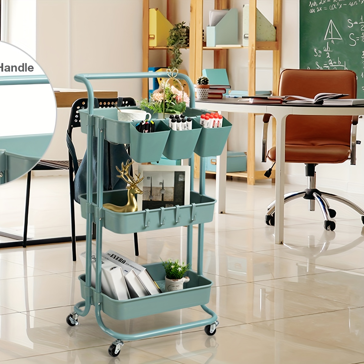 

3 Tier Rolling Utility Cart With Lockable Wheels & Hanging Cups & Hooks Storage Organization Shelves For Kitchen, Bathroom, Office, Library, Coffee Bar Trolley Service Cart, Granite Green