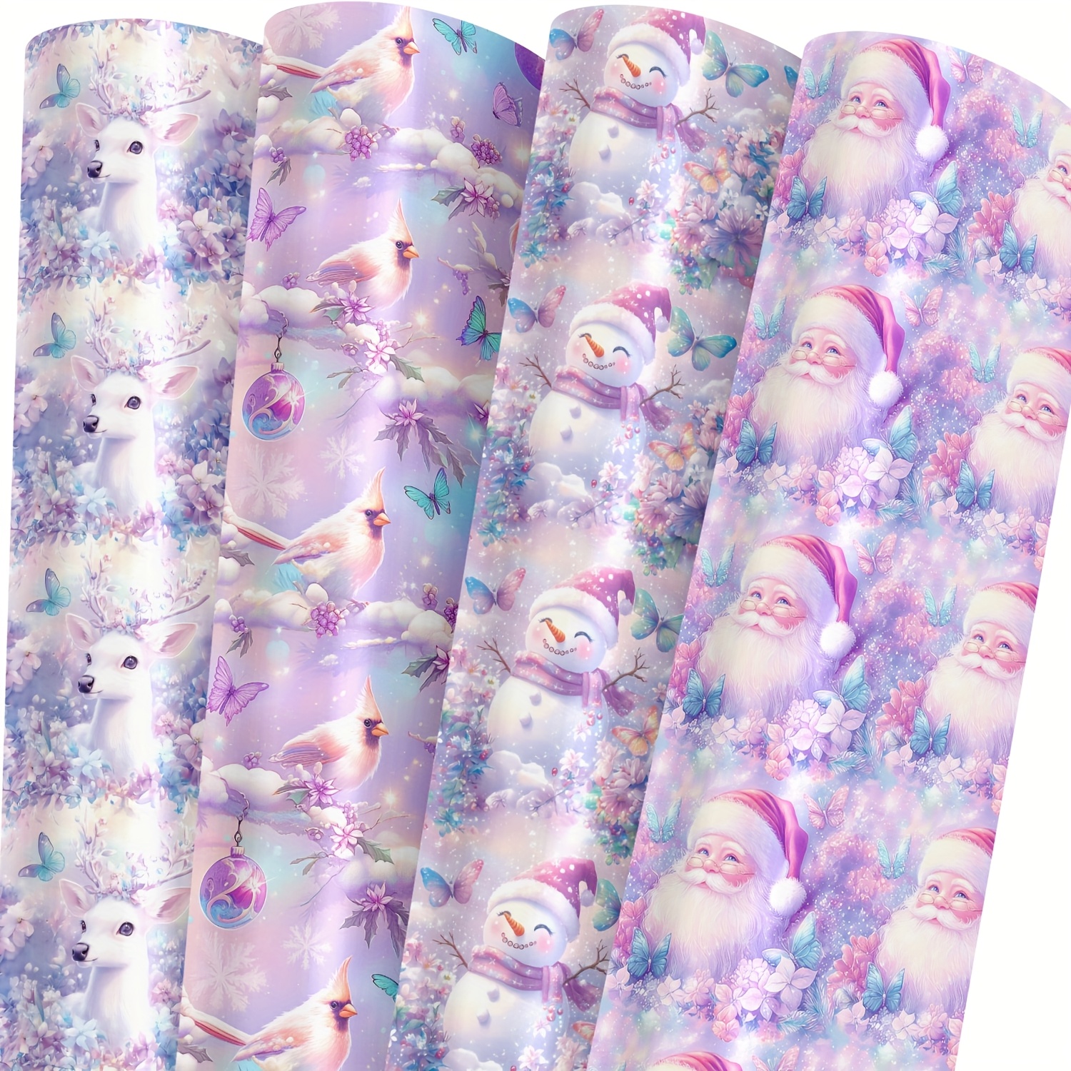 Image of 4 Sheets Pink Purple Christmas Wrapping Paper - Floral Snowman, Deer, Santa, Bird And Designs For Christmas, Birthday, Holiday, Party, Baby Shower - 19.7 Inch X 27.5 Inch Per Sheet