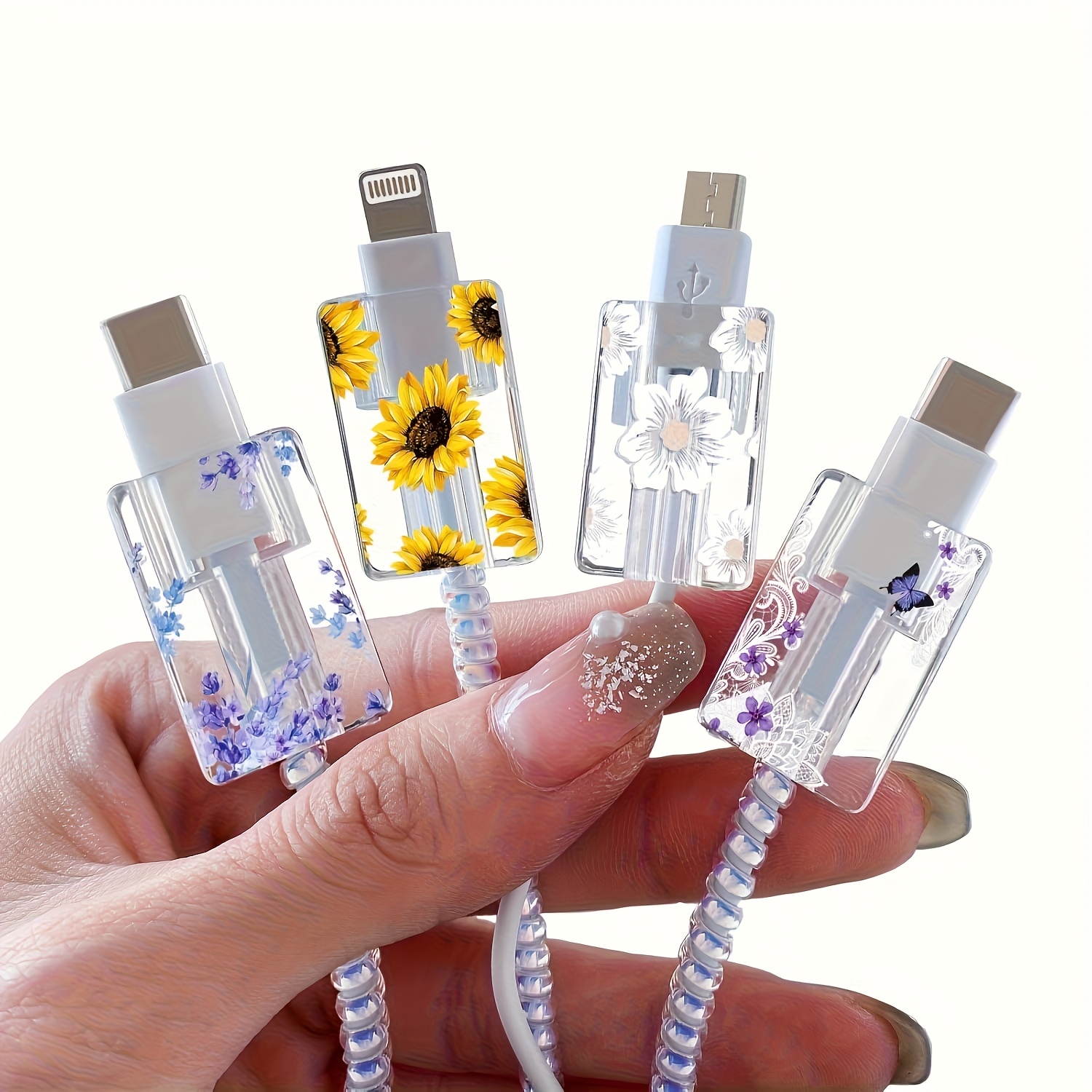 TEMU 4-delige set, geschikt voor Apple iOS telefoon oplaadkabel vaste clip beschermhoes, datakabel anti-breek schattige fruit bloem datakabel