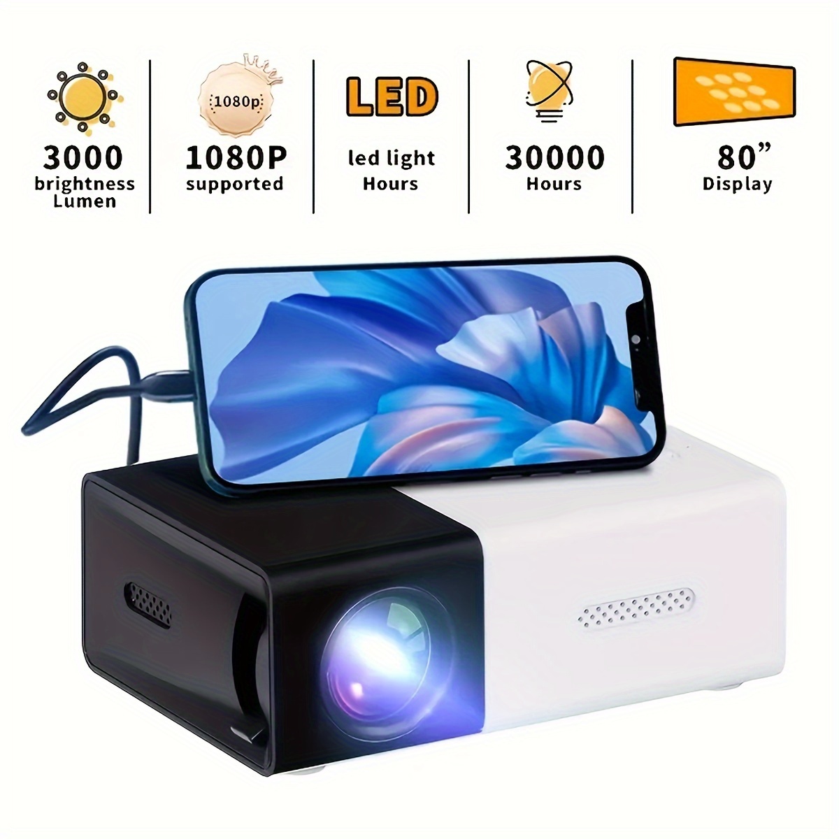 

Portable Mini Projector For Home Theater, Hd 1080p Support, 4:3 , Compatible With Hdtv, Usb, 3.5mm Audio, Us Plug, Hd Projector