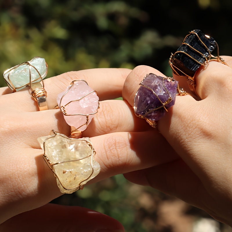 Boho Vintage Style Natural Stone Copper Rings Set