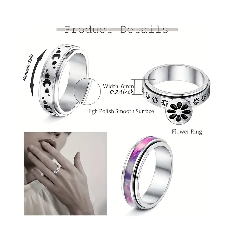 3pcs 316l 316l stainless steel spinner rings for - moon, star, flower fidget bands for relax, wedding promise rings, everyday & party wear, perfect gift for holidays, music festivals, father s day, thanksgiving, easter, relax rings | minimalist rings | durable rings, without battery Product details 2