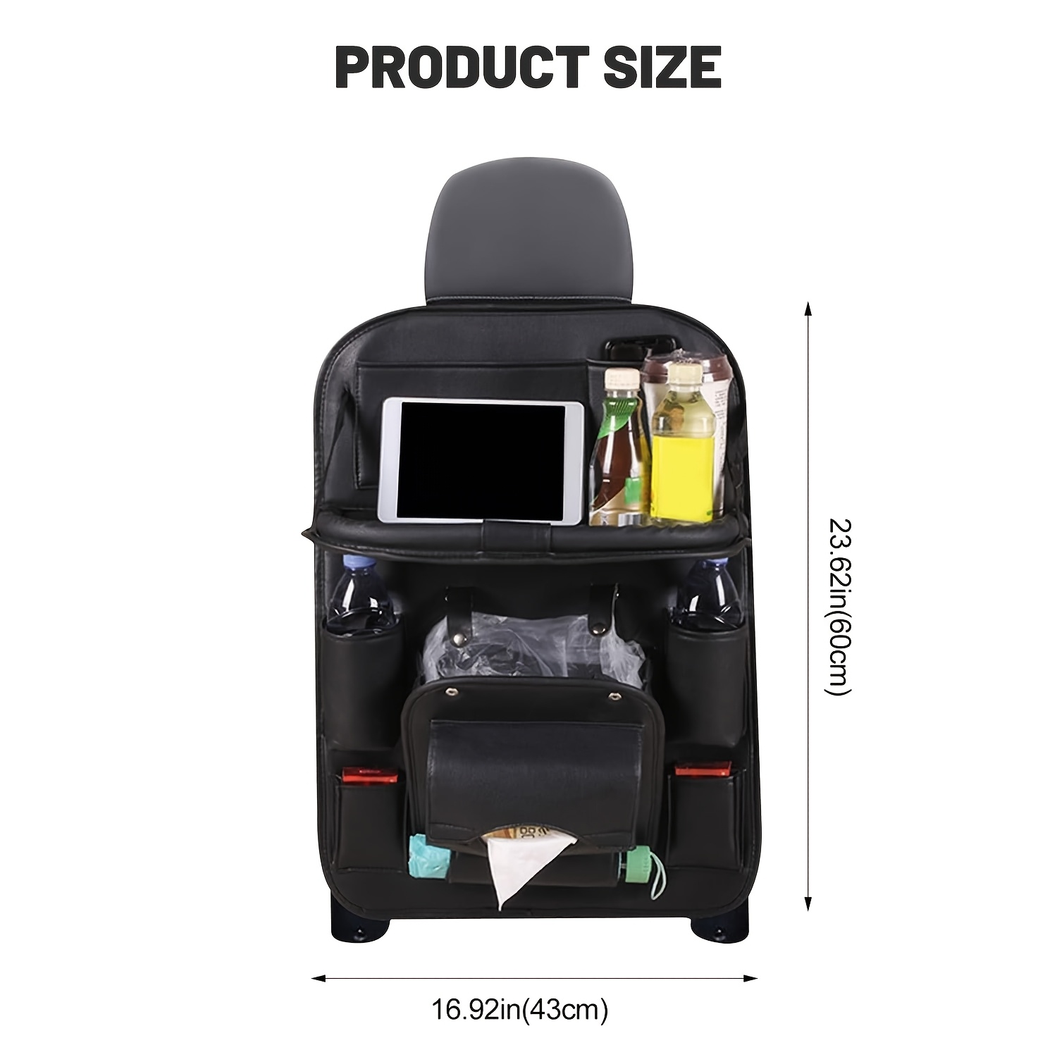  car back seat organizer with foldable tray table faux leather storage bag with 6 color options multi with tablet holder cup holders tissue holder anti kick seat protector for cars suvs and truck Product details 3