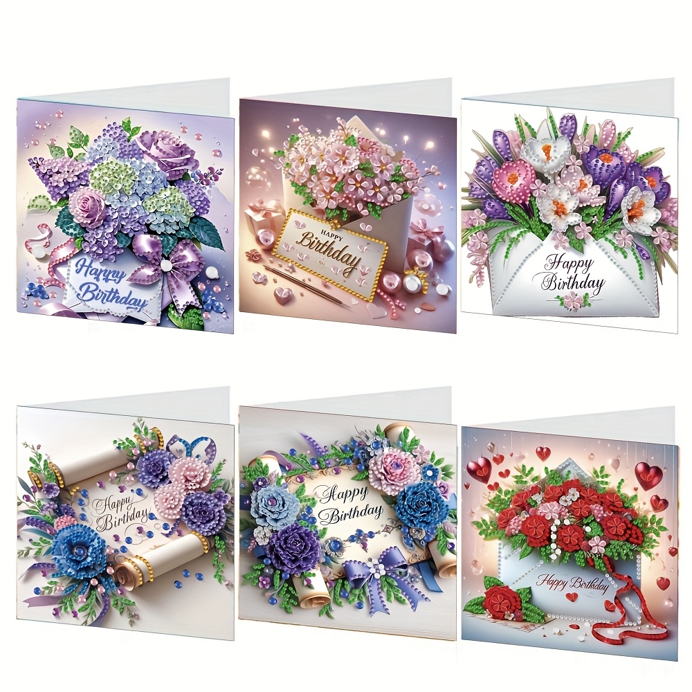 TEMU 6pcs Diamond Painting Greeting Card Kit, Themed Around Birthday Wishes, Featuring Floral Envelopes To Convey , Perfect For Family, , And Elders,