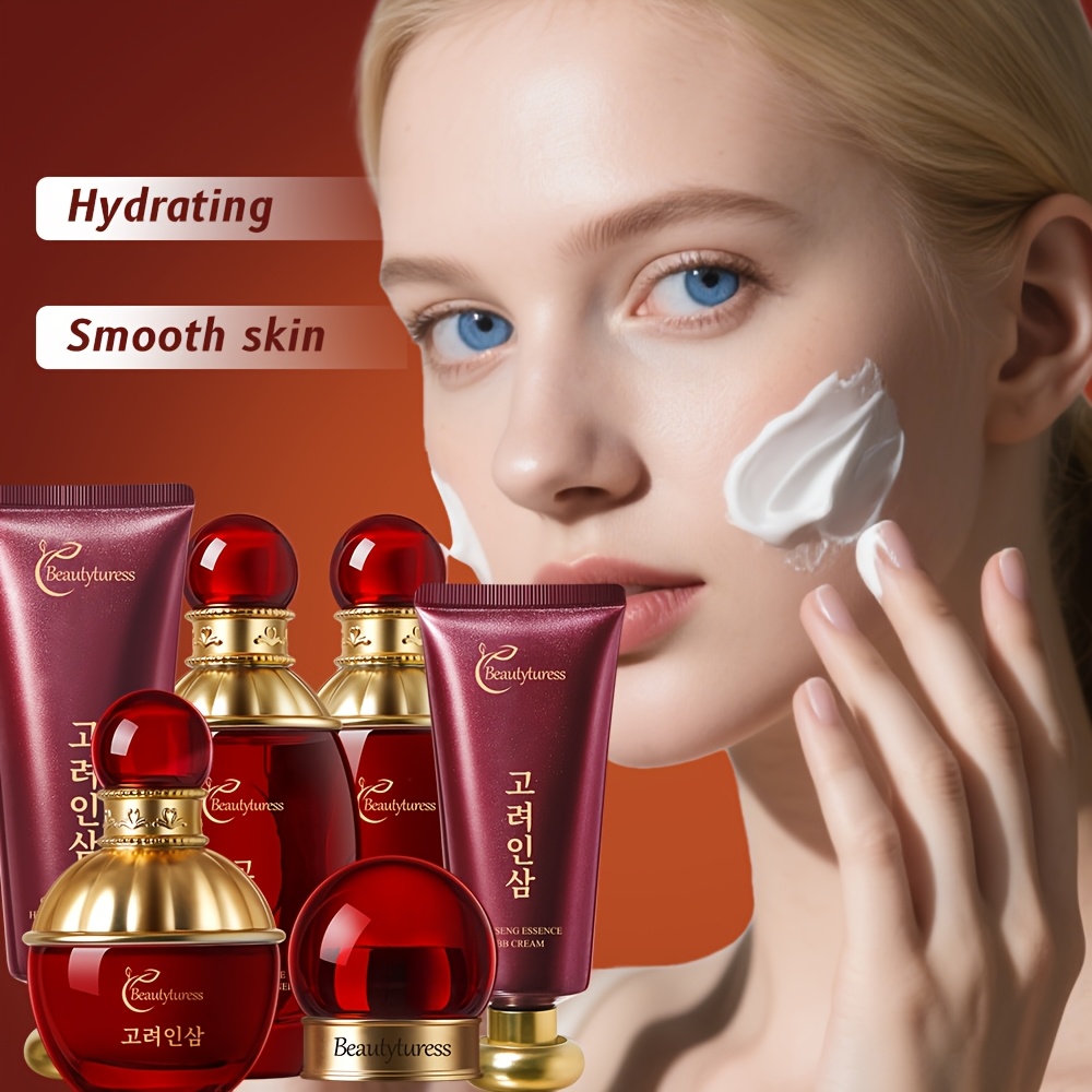 Colecție de îngrijire a pielii cu esență de ginseng coreean - Conține extracte vegetale, oferă hidratare profundă, întărește pielea, are o formulă ușoară și non-grasă, nu se aglomerează, prezentată într-o cutie cadou festivă