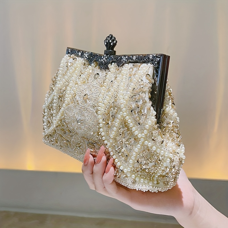 elegant vintage beaded clutch purse nylon floral pattern