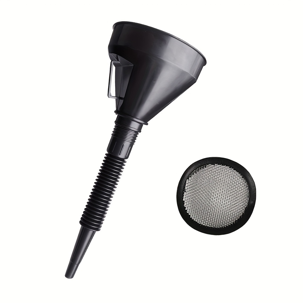 Image of 1pc Large Oil Funnel With Filter, Long Spout, Black Funnel For Automotive Use, Suitable For Oil/gasoline Filtering, Plastic Anti-leak Extended Pouring Device For Household Fuel And