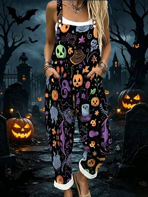 item picture womens leisure overallsjack o lantern graphics design squash pumpkin graphic design wallpaper calabazafashion sleeveless buttons design with pockets suitable vacation and daily wearing loose fit