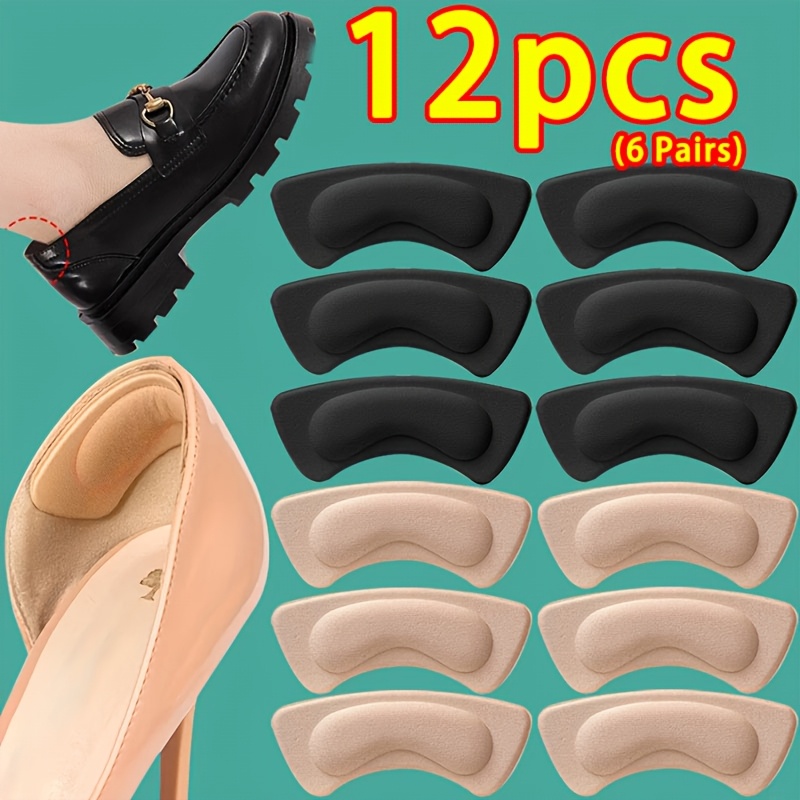 12pcs (6 Pairs) Women's Self-adhesive Heel Grips, Beige & Black Anti-wear Heel Pads, Non-slip Waterproof Shoe Heel Inserts, Shoe Size Reducer Soft Cushions For Long Walking & Standing