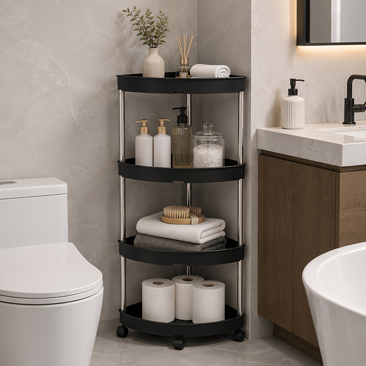 TEMU 1pc Space-saving 4-tier Triangular Corner Shelf, Pp Plastic And Stainless Steel Material Storage Cart, White Wheeled Moveable Organizer, Black