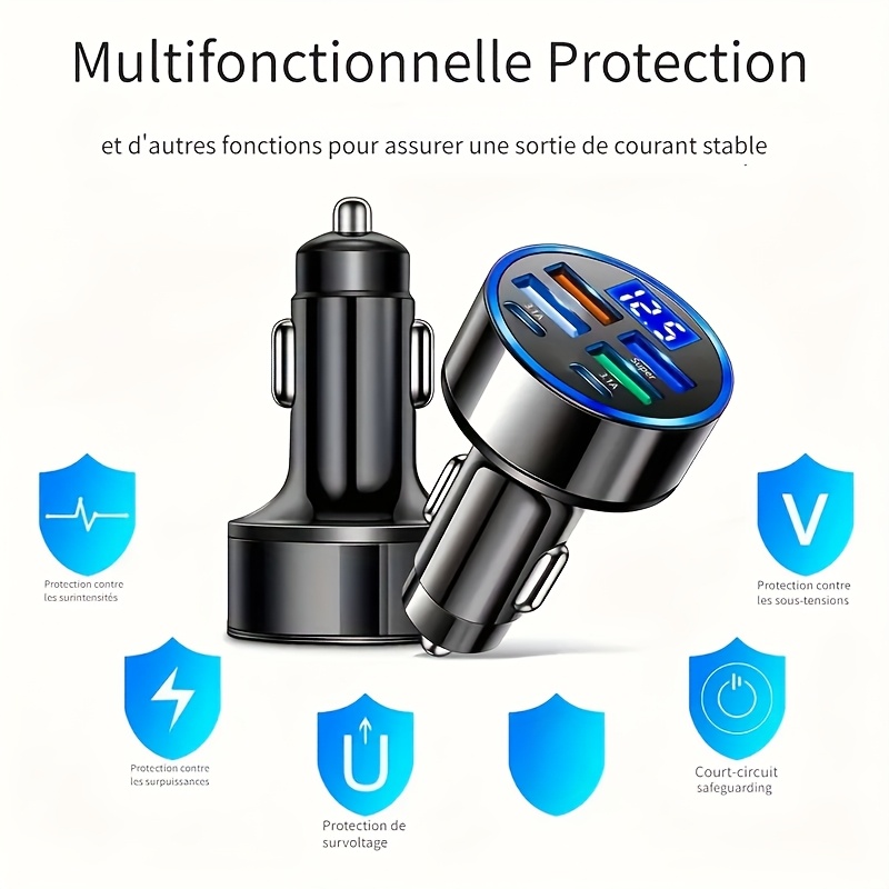 1 with 6 ultra-fast mobile phone charger, intelligent voltage detection digital display, suitable for USB and Type-C, car charger adapter, car charger