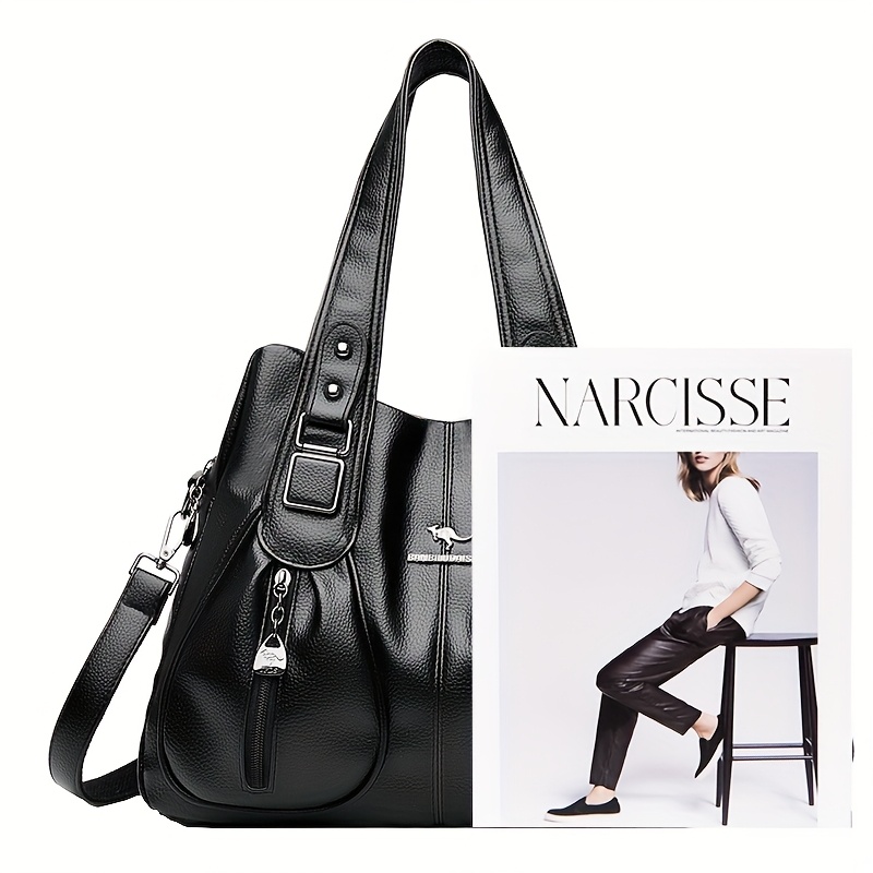 Women's Casual Tote Bag - Large Capacity Multi-Pocket Crossbody Shoulder Bag with Adjustable Strap, Zipper Closure & Bird Emblem, Deep Brown/Black for Work, Commute, Travel, Modern Iranian Style | Metallic Hardware Accents